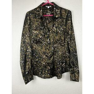Evereve Sasha Satin Button Down Shirt Abstract Collared Career Workwear Large